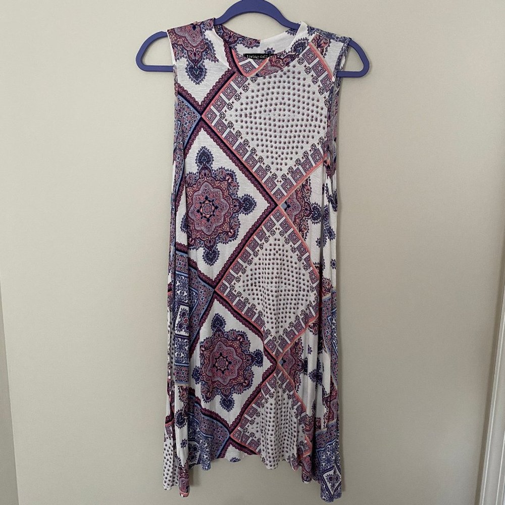 white and purple sleeveless flowy swing dress